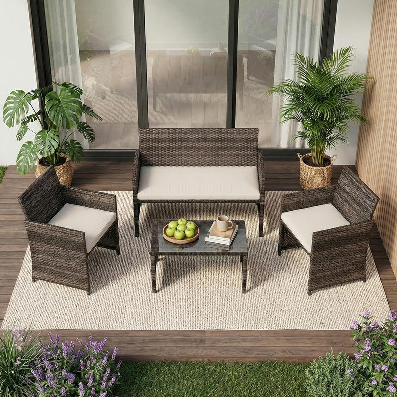 4-Piece PE Rattan Patio Furniture Set – Outdoor Conversation Set with Cushions & Tempered Glass Table, All-Weather Wicker for Patio, Porch, Backyard