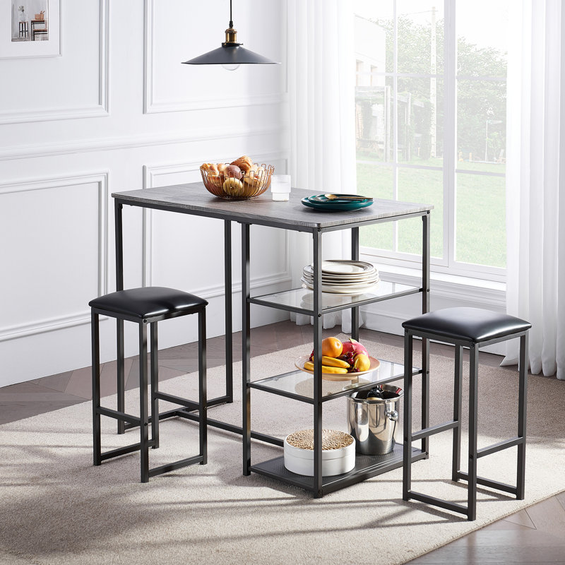 3-Piece Kitchen Bar Table Set with Grey Top, Storage Shelves & PU Leather Stools — Small Space Dining Set, Gray
