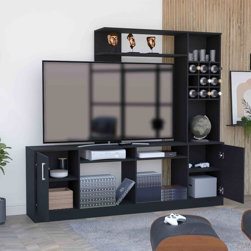 Entertainment Center for TV´s up 78", Double Door Cabinet, Storage Spaces, Six External Shelves, Black