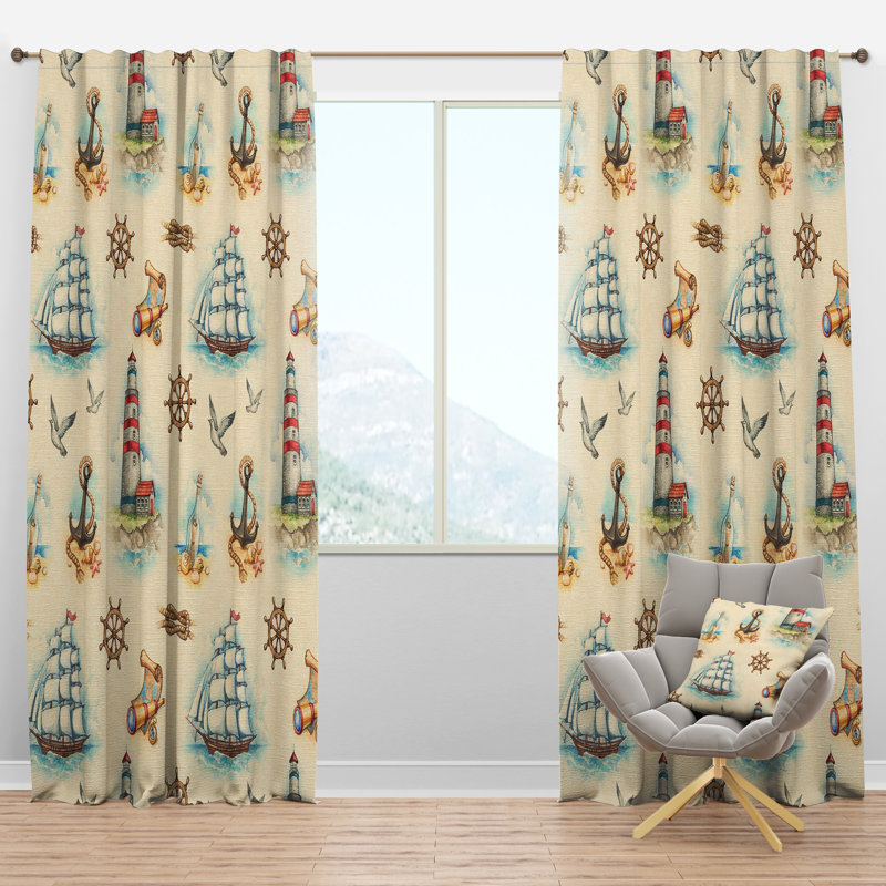 Watch tower, binocular, sail boat - Nautical Velvet Curtain - Room darkening - 1 panel, 52"W x 63"L