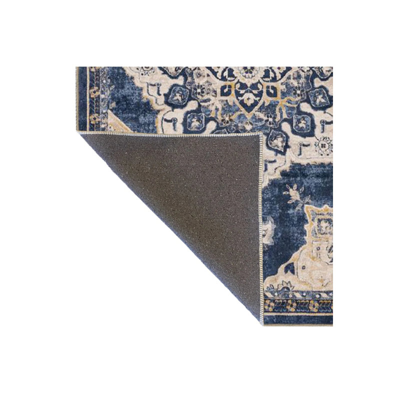 Blue Cream Traditional Checkered Floral Woven Base Washable Carpet, Runner 3'4" x 9'11"