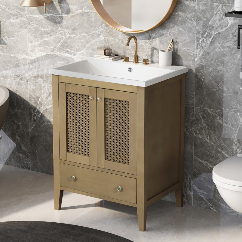 Meuble-lavabo de 24 po avec lavabo en céramique, meuble-lavabo, structure naturelle, rangement abondant, meuble-lavabo simple à installation manuelle, lavabo, support de porte solide,