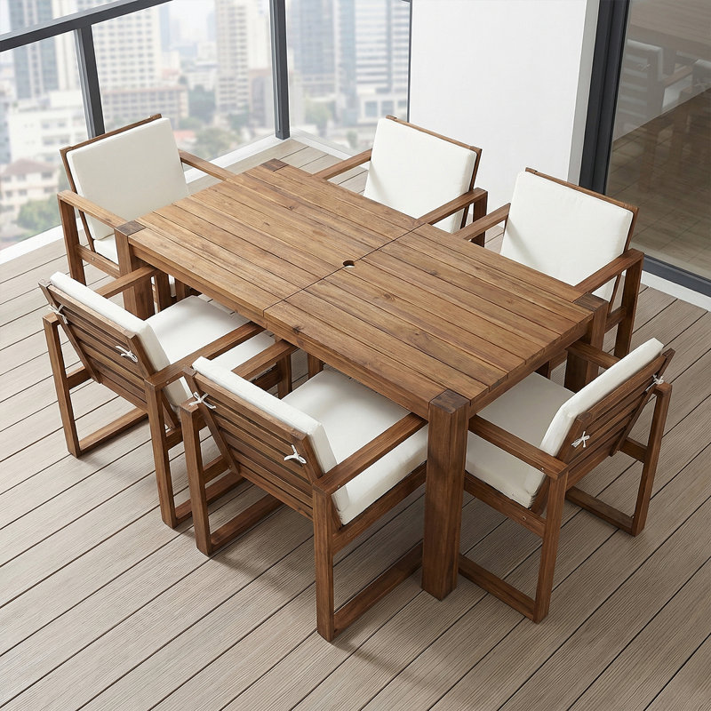 Rustic Patio Table And Chairs Set For 6 - Outdoor Dining Furniture With Umbrella Hole, Durable Wooden Frame, Cushions Included