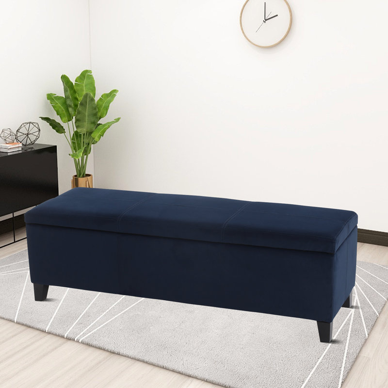 Banc rembourré minimaliste moderne avec rangement caché et pieds en bois Leodan, Bleu foncé