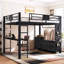 Grand lit mezzanine avec bureau et tablettes, structure de lit mezzanine en métal noir avec poteau de corde à linge, panneau perforé de rangement