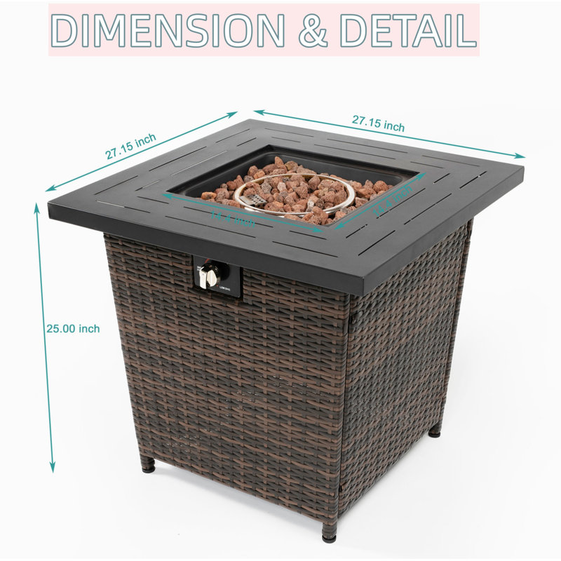Table de foyer d'extérieur au gaz propane en acier au propane de 28 po de 50 000 BTU avec une belle base en osier, foyer d'extérieur pour terrasse de jardin