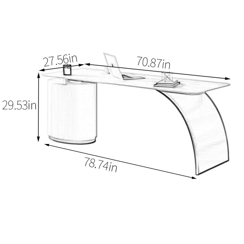 Bureau en pierre frittée minimaliste, H 29,53 po x l 78,74 po x P 27,56 po, Doré / Blanc