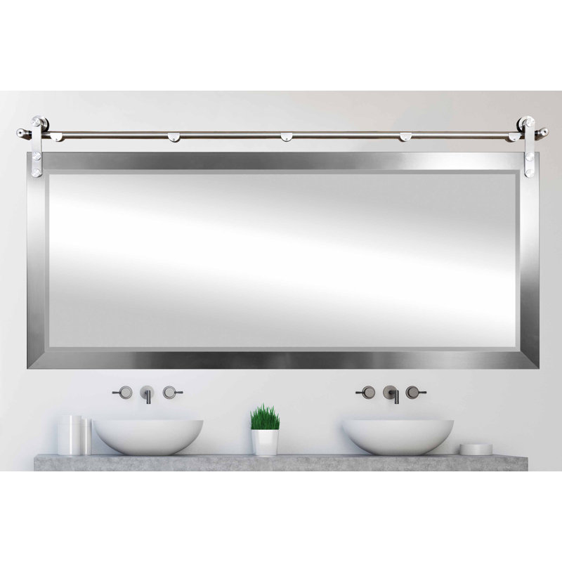 Karlyn Wood Framed Barn Door Accent Mirror, 32" H x 65.50" W x 0.75" D, Silver 