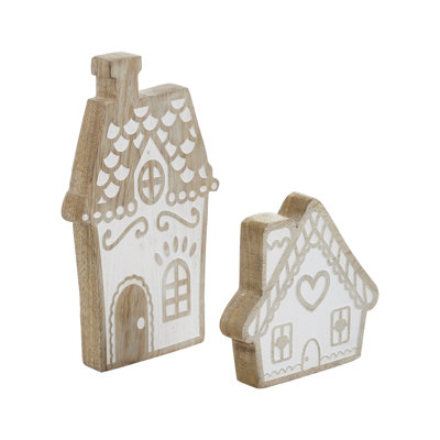 Ensemble de 2 maisons en bois naturel à motif de pain d'épice blanc délavé - 5 x 5 x 1/8 x 5 x 1