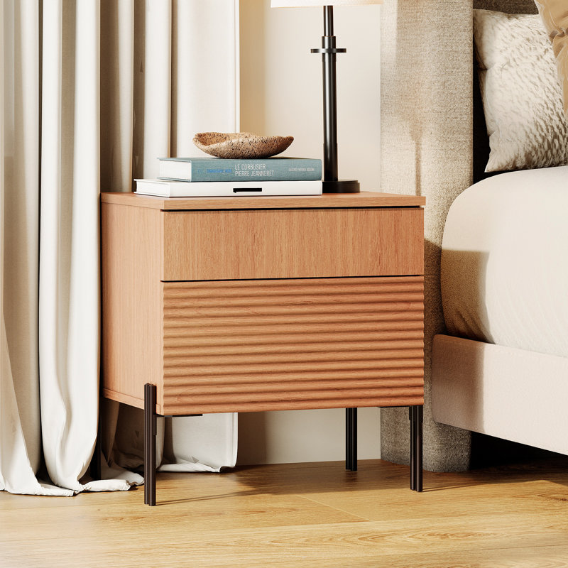 Laverda Modern Minimalist Nightstand, Reed Pattern Design, With Usb Ports, Mocha