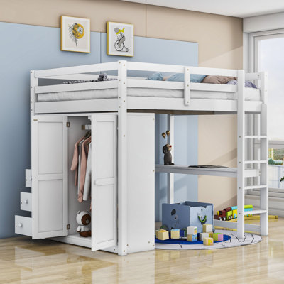 Jayoti Full Size Wood Loft Bed With Wardrobe And Desk, Drawers by Harriet Bee