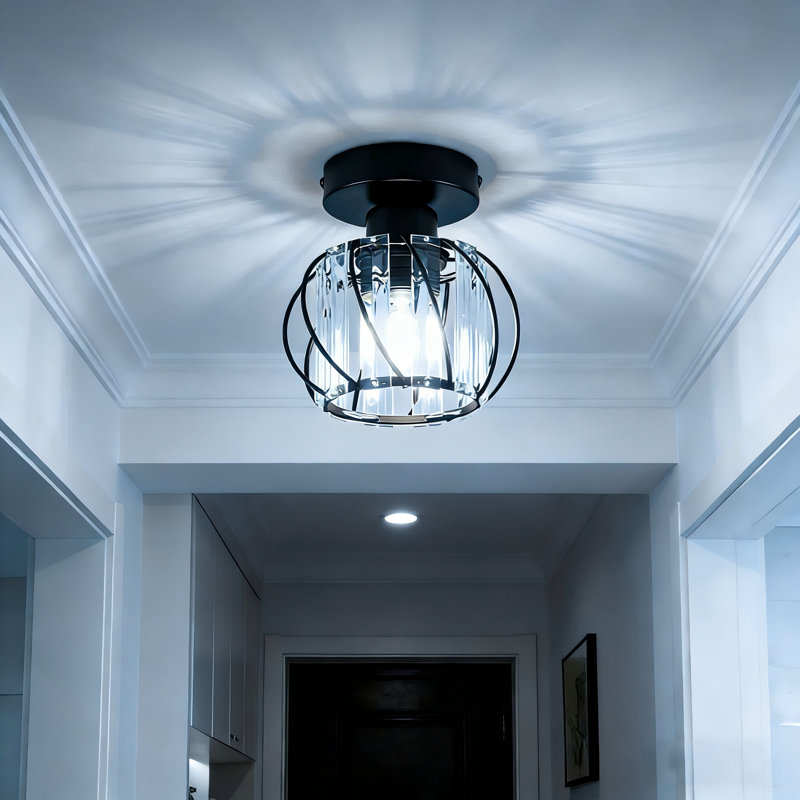 Flush Mount 1-light Black E27 Modern Ceiling Light with Crystal Ambient Lighting Prisms, 15cm H x 16cm W x 15cm D