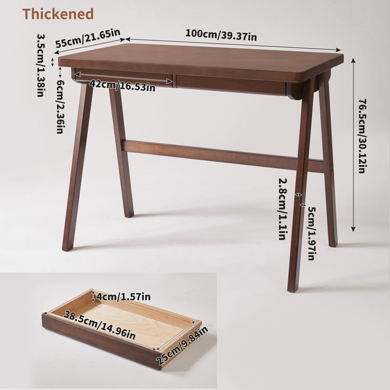 Bureau d'ordinateur 100 % bois d'hévéa massif, bureau rétro en noyer avec tiroir et piètement robuste en forme de A.