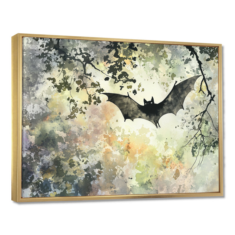 Silhouette ailée de chauve-souris dans le noir I - Art mural animal, H 30 po x l 40 po, Doré