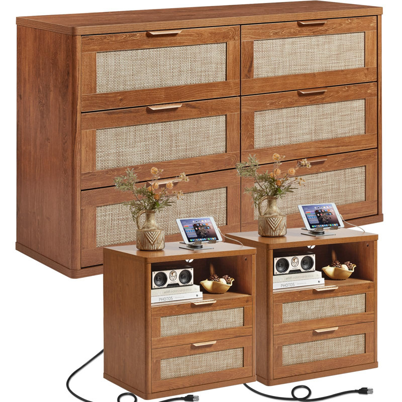 Ensemble de commode et table de chevet en rotin avec commode à 3 tiroirs et table de chevet avec station de charge, Brun