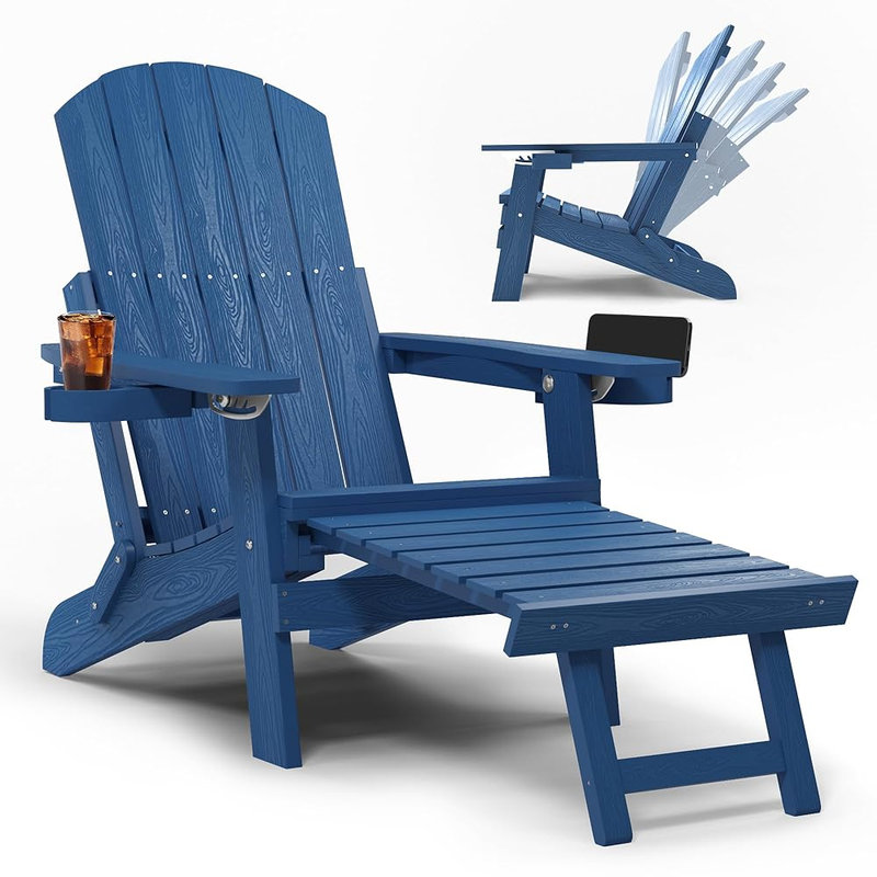 Chaise Adirondack réglable en plastique toutes saisons avec dossier à 5 positions, repose-pieds extensible, porte-gobelet intégré et conception pliable pour patio, terrasse et foyer