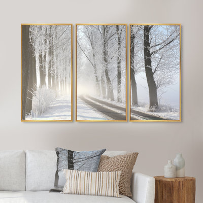 «Winter Lane In Foggy Morning», ensemble d'art mural sur toile encadré paysage