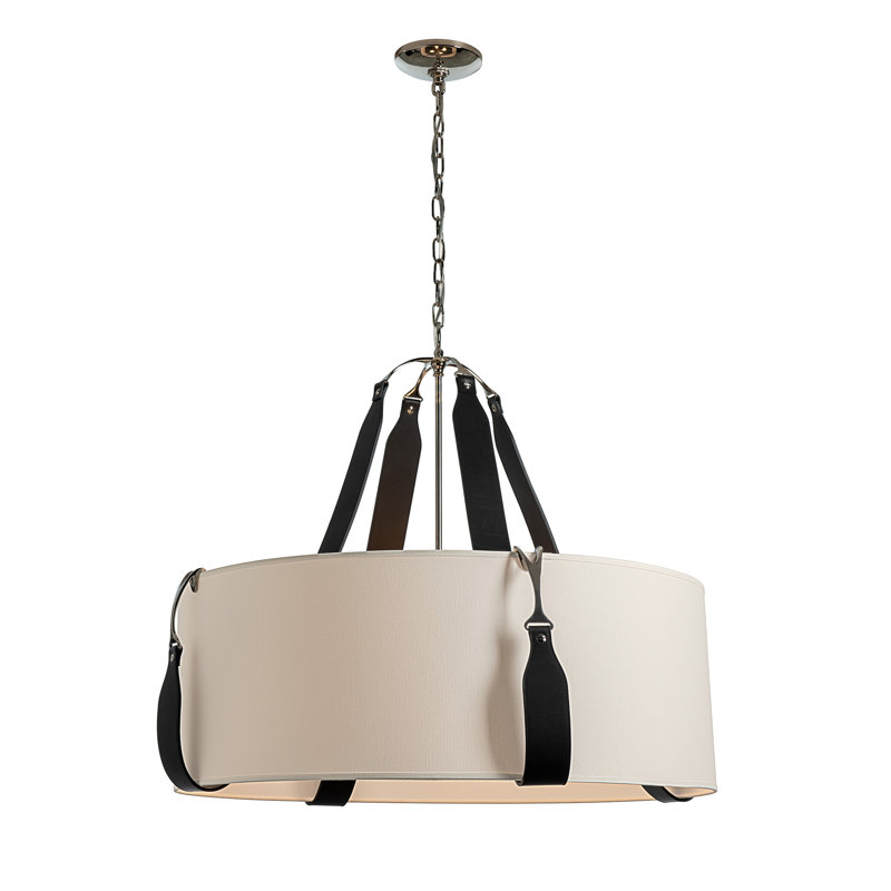 Saratoga 4 - Light Drum Pendant, Flax Shade, British Brown Leather, Antique Brass