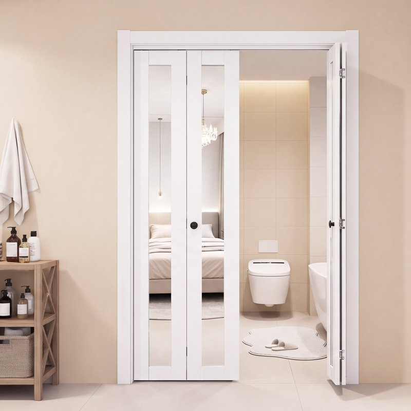 Bifold Closet Door 4-Panel, 48" (Four 12") x 80", Full-Length Mirrored Bifold Barn Door with Metal Hardware Kit & Sturdy Composite Frame, Modern Stylish & Space-Saving for Closets Bedrooms