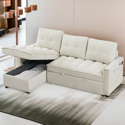 78.75" Reclining Sofa, Pull-Out Sofa Bed With USB And Tape-C Charging Ports, L-Shaped Sectional Sofa With Reclining Storage And Arm Side Organizer Pocket Features, Living Room Comfort Sofa