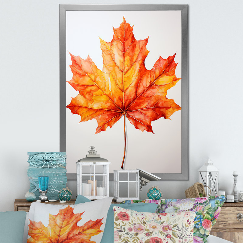 Minimalisme orange feuille d'érable - Art mural érable, Cadre simple argenté, H 32 po x l 24 po x P 1 po
