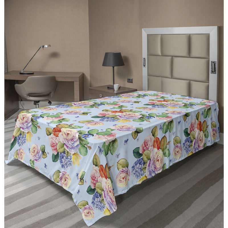 Drap plat Ambesonne, Drap plat pour lit simple, Floral rose / bleu