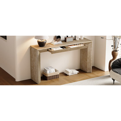 Console 60 po avec 2 tiroirs dissimulés, table d'entrée de style cascade avec pieds épaissis et grain de bois rustique pour le salon, le vestibule et le couloir