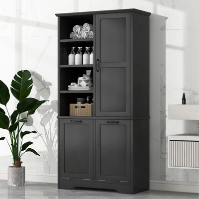 Armoire de rangement pour salle de bain avec portes et tiroirs, panier à linge inclinable, plusieurs espaces de rangement, style autoportant, tablette ouverte, tablette réglable, noir
