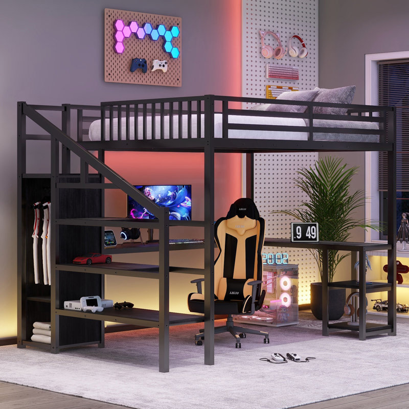 White Metal Queen Loft Bed With USB Charging And L Shaped Desk, Black