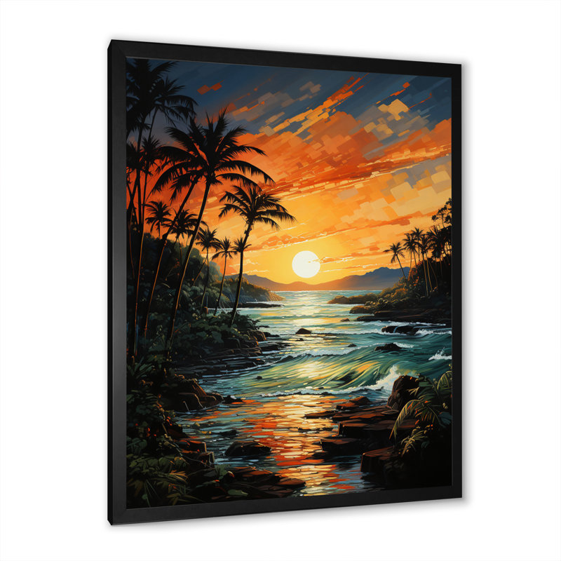 «Giolla Palm Trees Tropical Pointillism VII», reproduction sur toile, H 32 po x l 16 po x P 1 po, Cadre noir