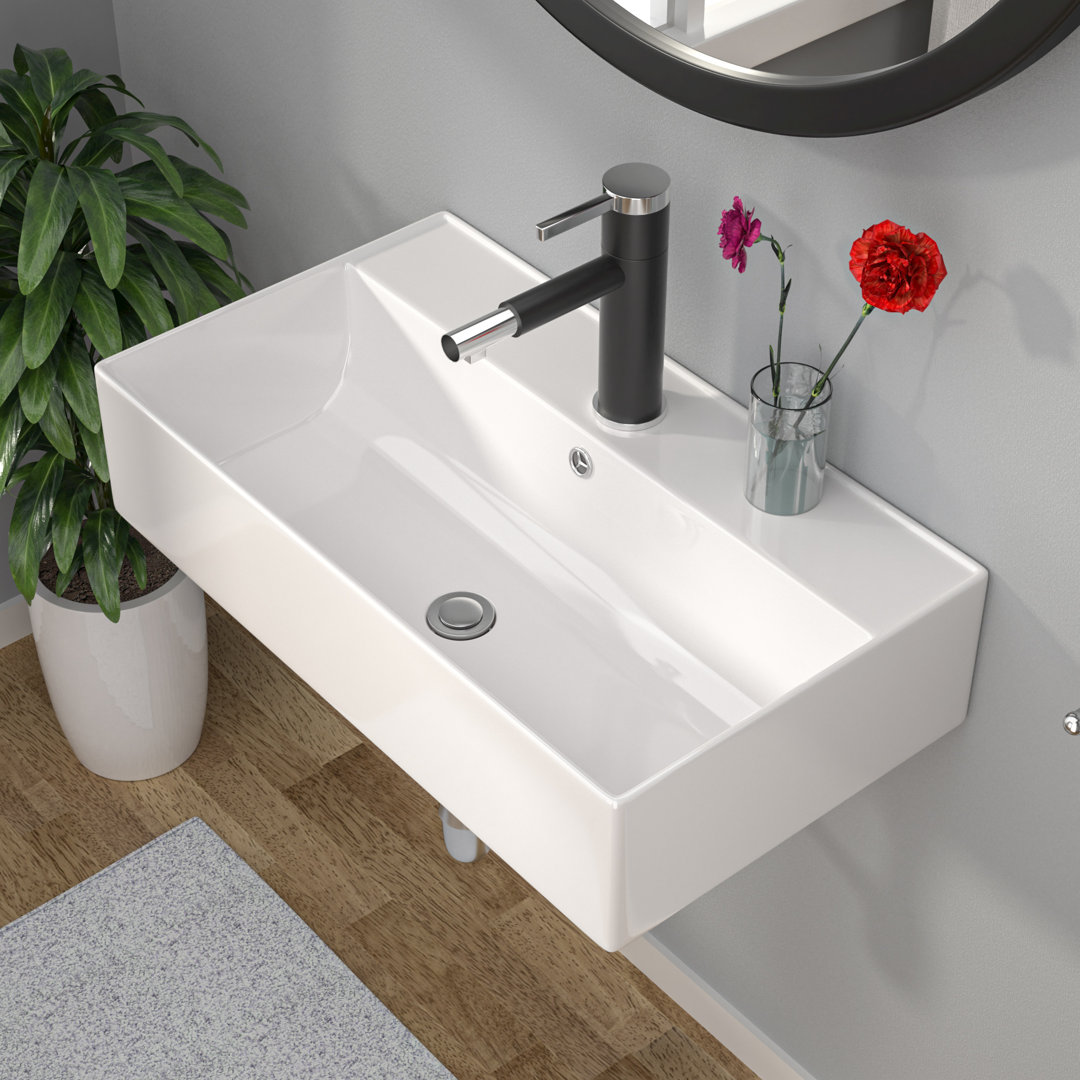 21'' L x 12'' W Ceramic Wall Mount Bathroom Sink, White Rectangular Bathroom Sink with Overflow Kichae