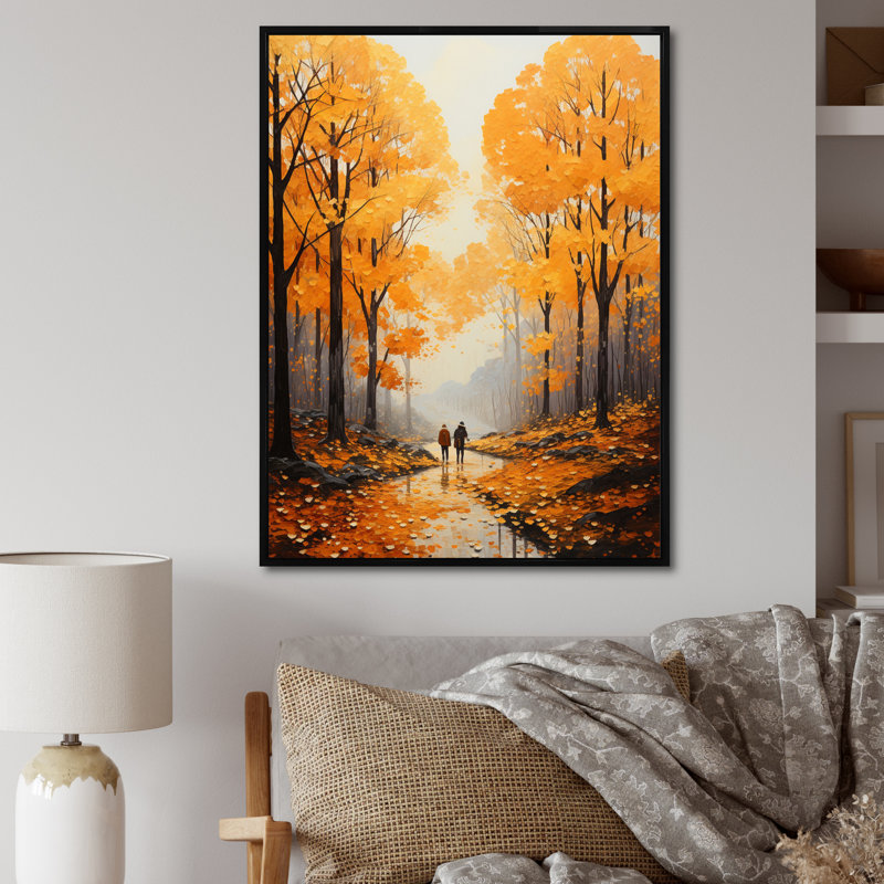 «Bold Yellow Forest Giants Pointillism III», reproduction d'art mural paysage et nature, Cadre flottant noir