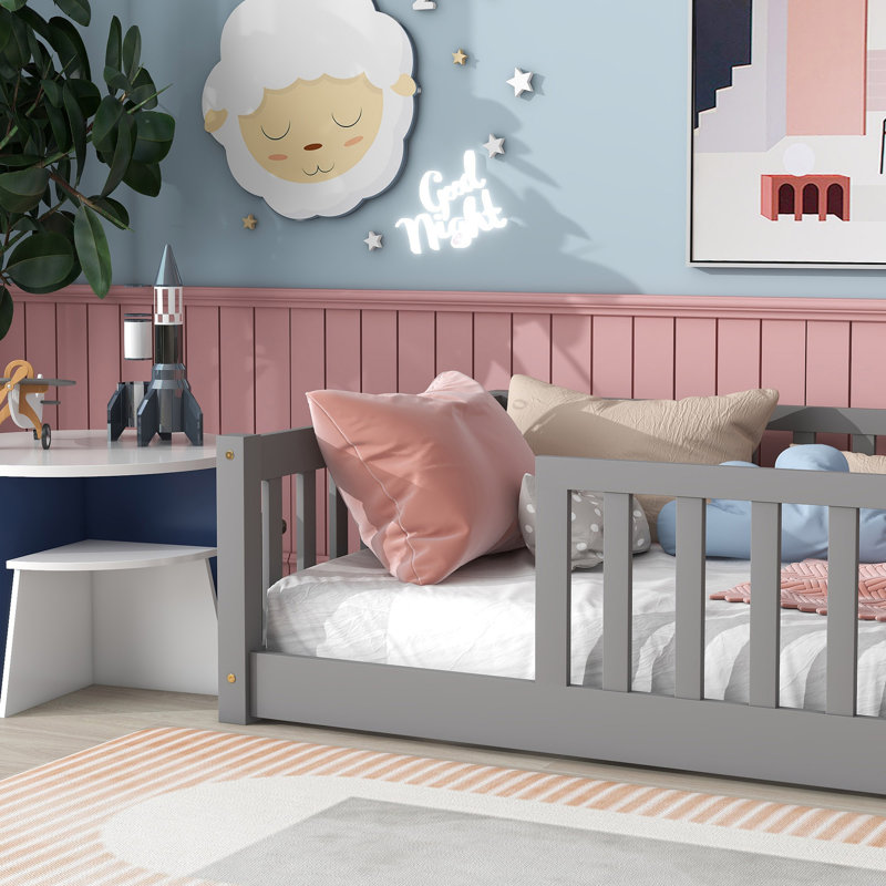 Twin Size Floor Bed with Fence without Door, Rubber Wood Floor Bed with Safety Guardrails, Gray