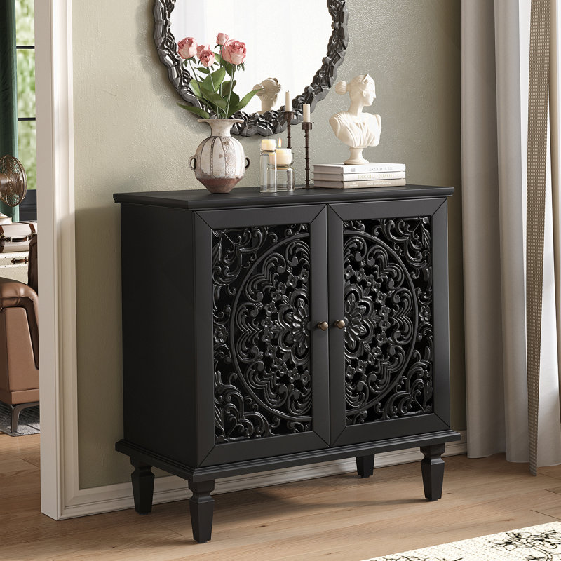 Accent Cabinet, 2-Door Display Storage Cabinet, Sideboard With Adjustable Shelf And Solid Wood Legs, Black
