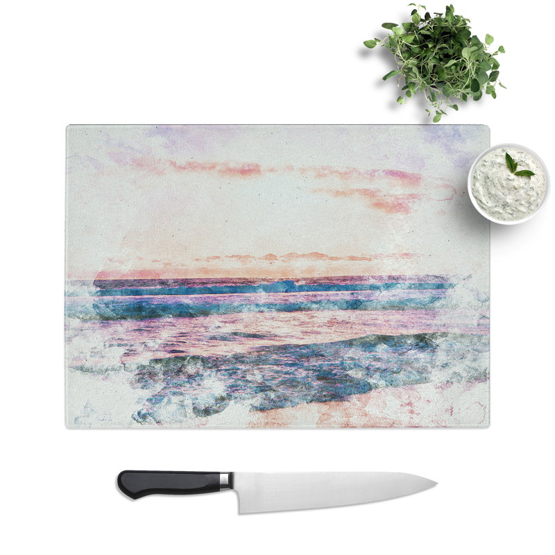 Tempered Glass Pink Beach Chopping Board, 20 cm x 28.5 cm