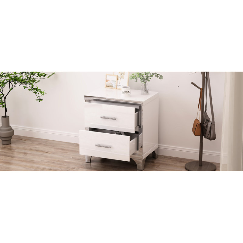 Table de chevet pour chambre à coucher à 2 tiroirs, blanc brillant, avec poignée en métal, avec tiroirs et poignées, pour le salon aussi