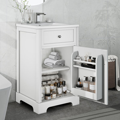 Meuble-lavabo de 20 po avec lavabo, armoire de salle de bain avec porte à fermeture douce, support de rangement et tablette réglable, blanc