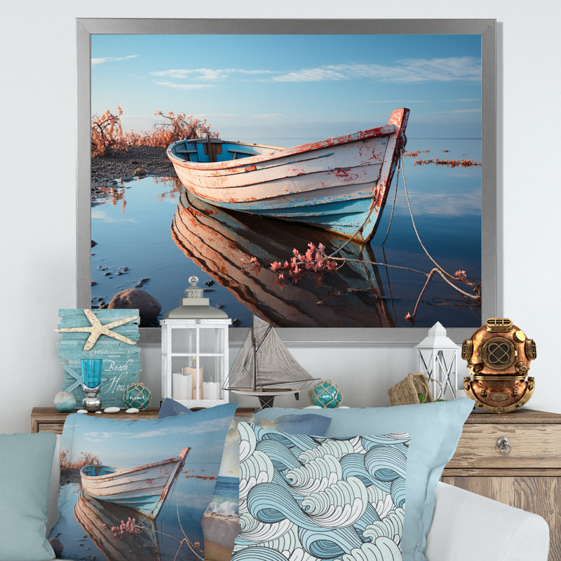 «Blue and White Boat Scenery I», reproduction sur toile, Cadre simple argenté, H 34 po x l 44 po x P 1,5 po
