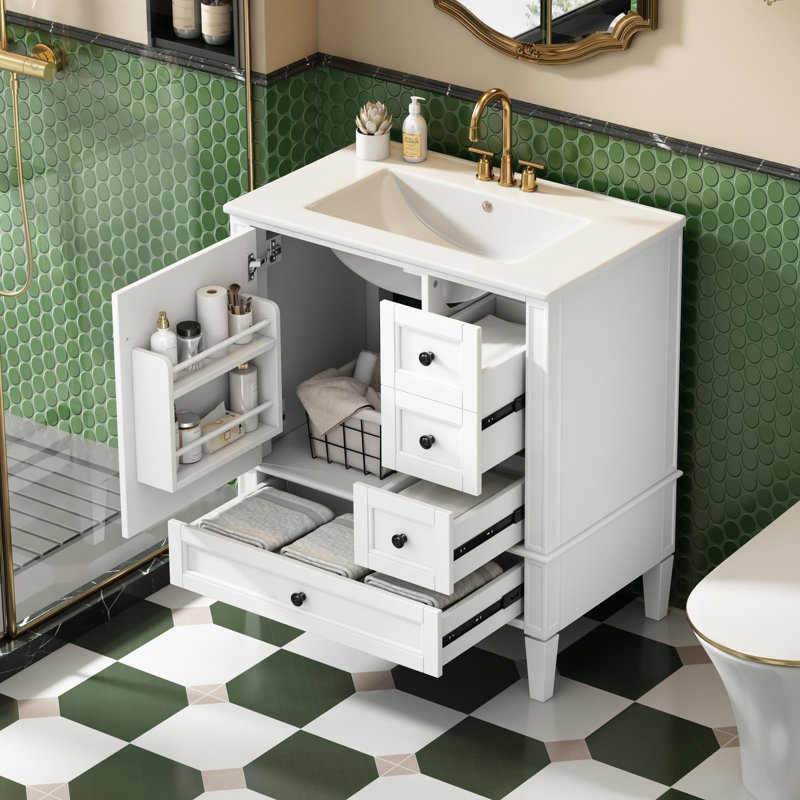 Meuble-lavabo 30 po avec lavabo en céramique pour salle de bain, Blanc