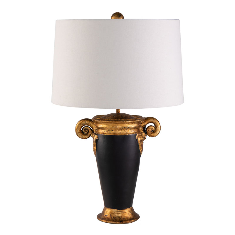 Lampe de table Harriston Gallier en tissu noir et or blanc vieilli