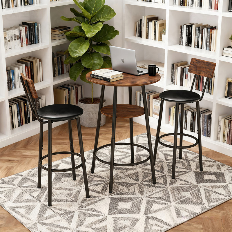Ensemble de table de bar et de chaises 3 pièces, petite table de salle à manger pour 2 personnes avec rangement à 2 niveaux et 2 tabourets de bar rembourrés en polyuréthane pour la cuisine, la salle à manger, le salon, le bar, le café, le coin petit espace, brun rustique