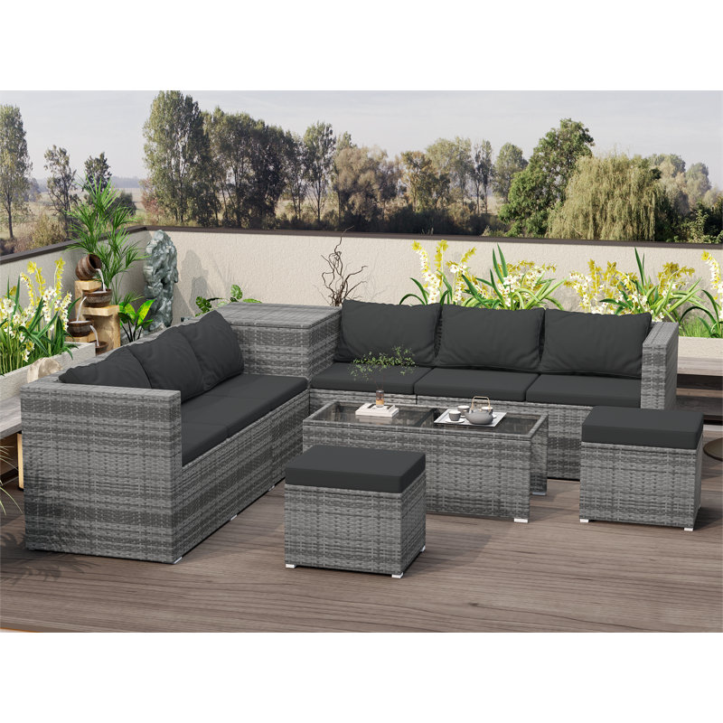 Ensemble de canapé modulaire de patio 8 pièces gris avec boîte de rangement et plateau de table en verre transparent