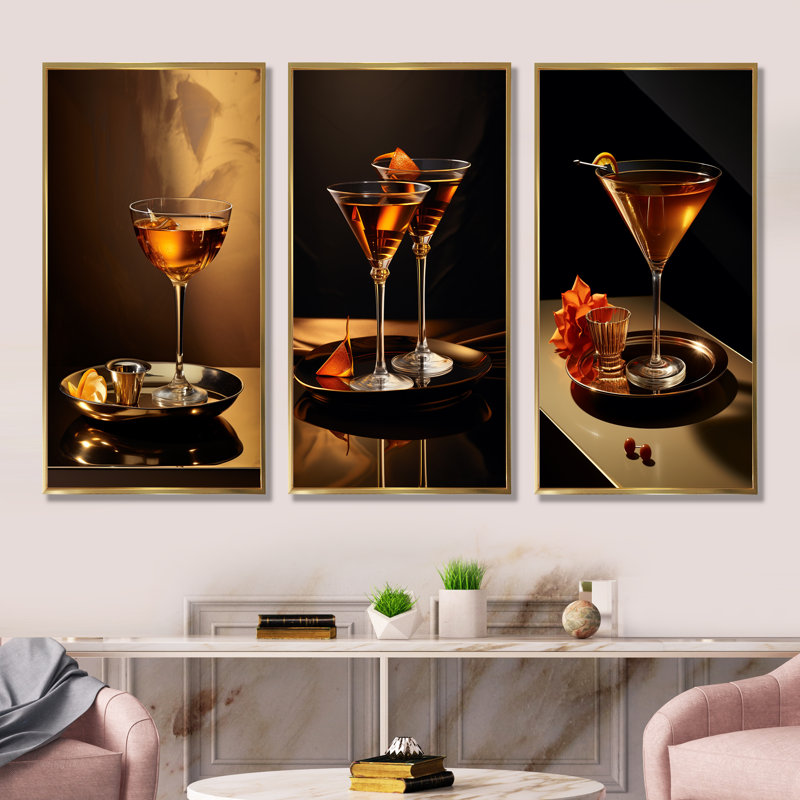 Soirée Sidecar - cocktail en bronze, Cadre flottant doré, H 28 po x l 36 po