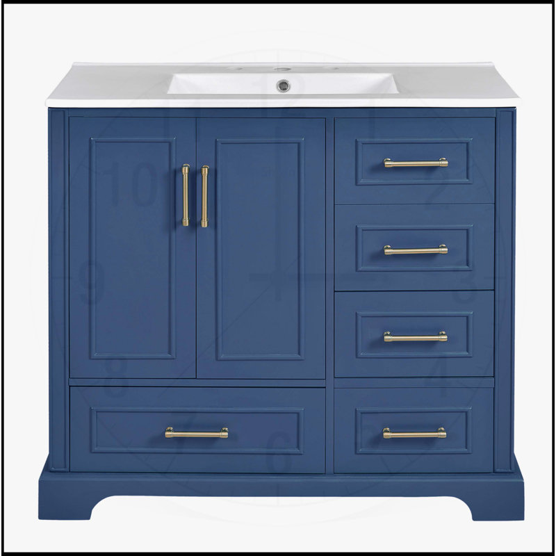 Meuble-lavabo de salle de bain traditionnel exquis avec lavabo en céramique et beaucoup de rangement, Bleu, Or