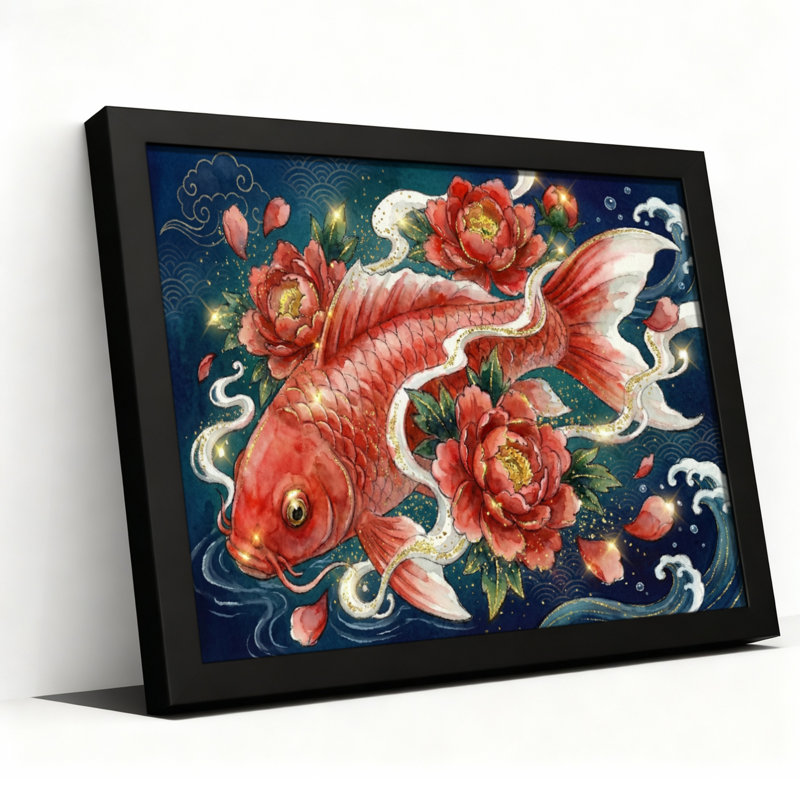 «Koi Fish and Peony Flowers», reproduction d'art sur toile tendue sur toile, ensemble de 1