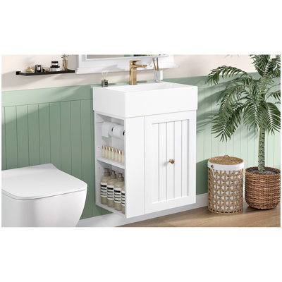 Meuble-lavabo de 20 pouces avec lavabo en céramique, armoire de rangement en panneau de fibres à densité moyenne avec tiroir, tablette latérale et poignée dorée - meuble-lavabo moderne pour les petites salles de bain