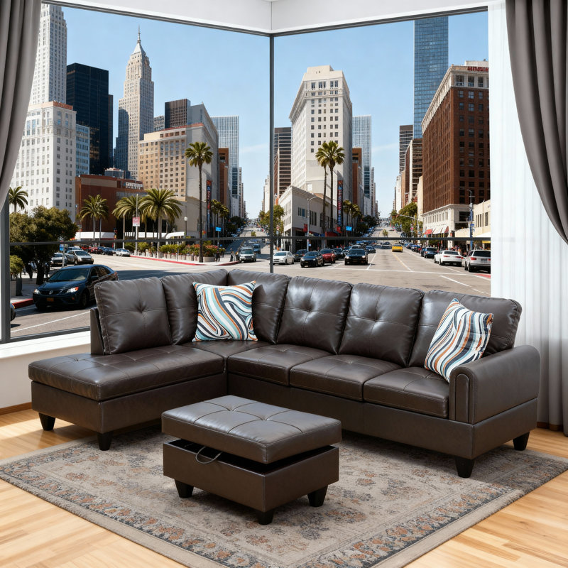 Faux 3-Piece Leather Living Room Sofa Set, Brown Faux Leather, Left Hand Facing