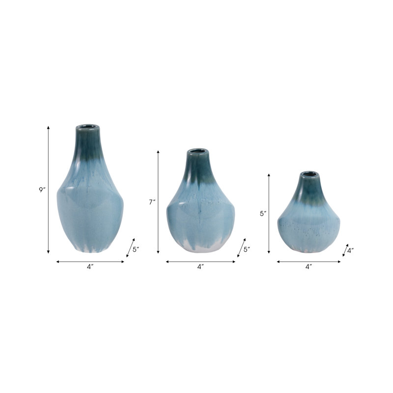 Set Of 3 5/7/9" Jolivue Ceramic Vases, Green/Light Blue