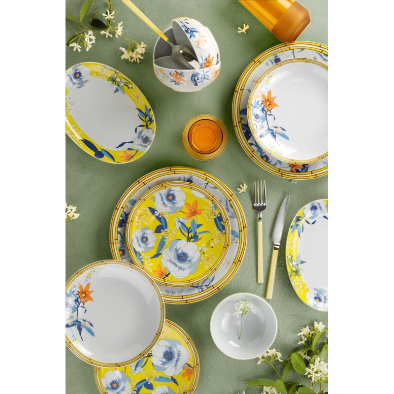L'ensemble de vaisselle Elegant comprend 6 assiettes de service (10,6 po), 6 assiettes profondes (8,3 po), 6 assiettes à gâteau (8,3 po), 6 bols (5,1 po), 6 tasses à thé en verre, 6 assiettes à soucoupe, 6 cuillères à café, 4 Bols à sauce (3,9 po), parfaits pour les réunions de famille et les occasions spéciales