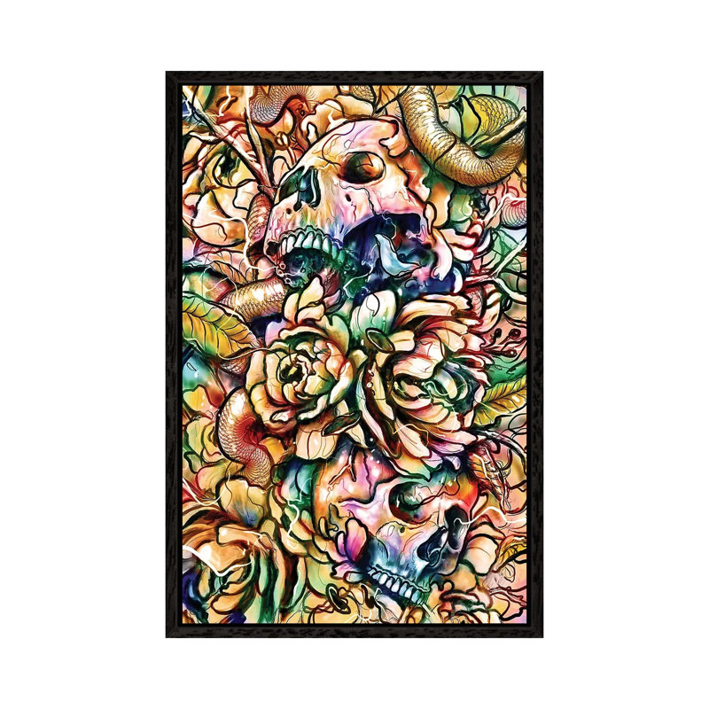 Skulls And Flowers by Nicebleed - Print on Canvas, 66.04cm H x 45.72cm W x 3.81cm D, Black Framed